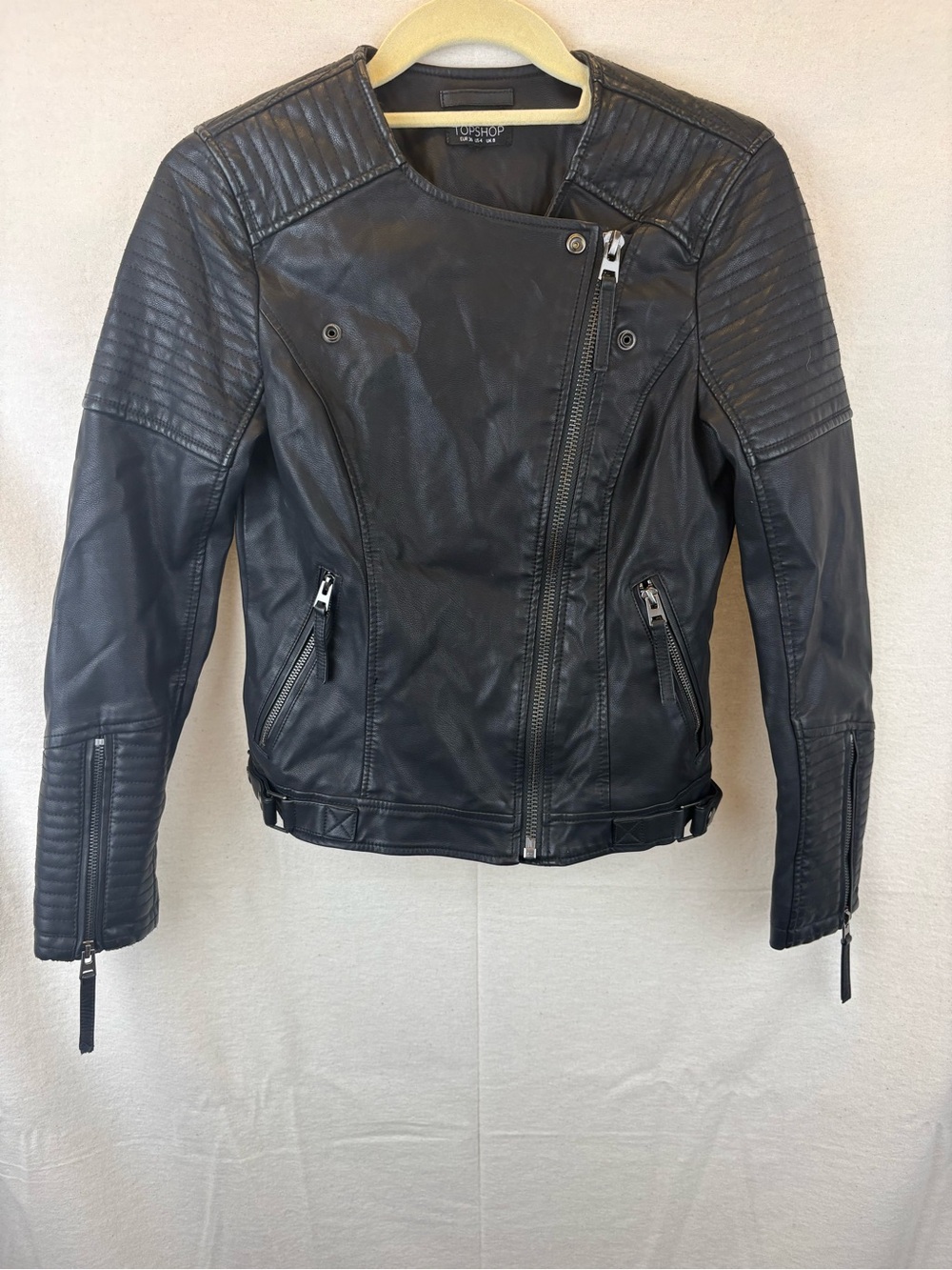 Topshop Black Quilted-Shoulder Faux Leather Bike Moto Jacket size 4